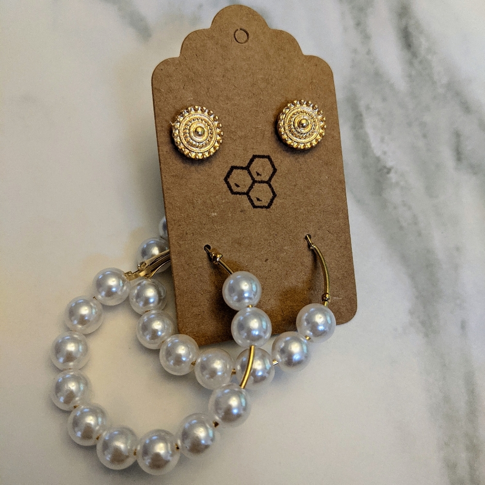 Faux Pearl Hoops & Gold Earring Set